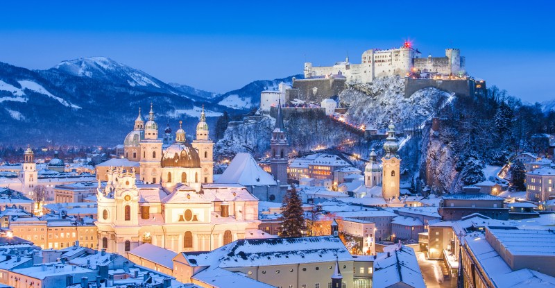 Salzburg skyline in winter as seen from Moenchsberg, Salzburger Land, Austria.